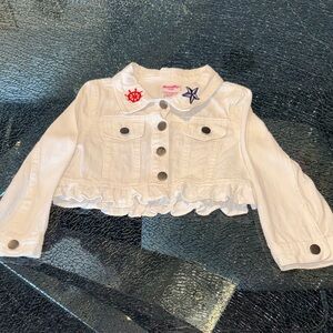 Nannette Cream Ruffle-Hem Girls' Jean Jacket with Embroidered Collar